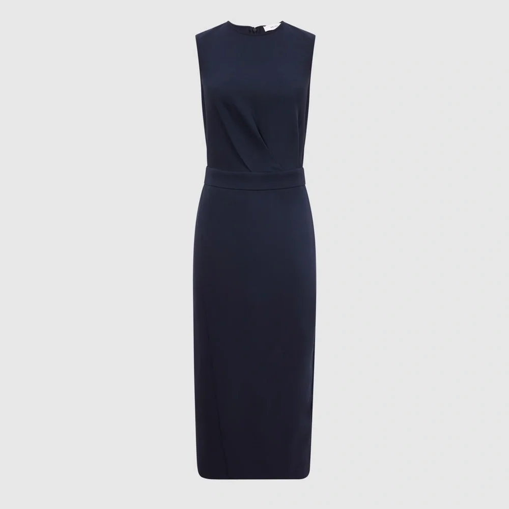 NEW NWOT REISS LAYLA SLEEVELESS GATHERED WAIST SHEATH BODYCON MIDI DRESS Navy 4 - Picture 3 of 12